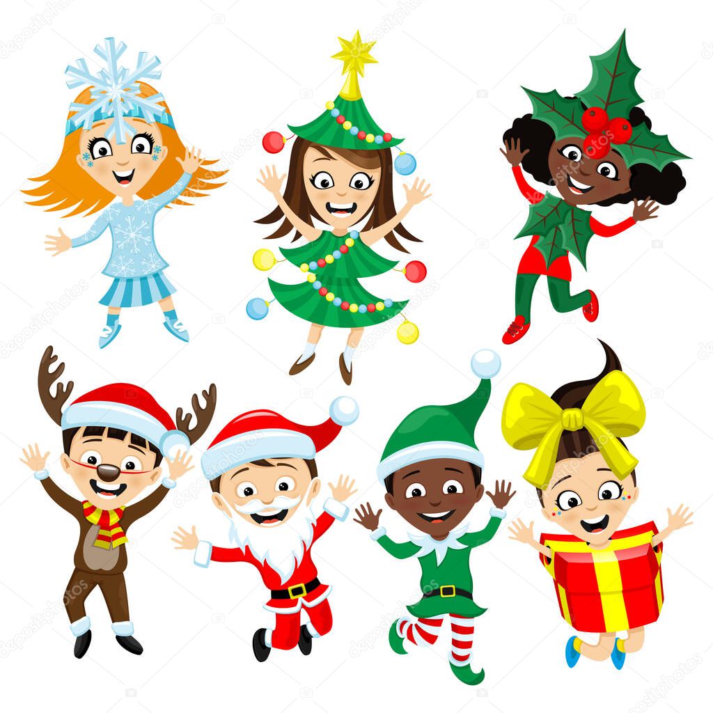 Set with children in Christmas costumes on a white background.