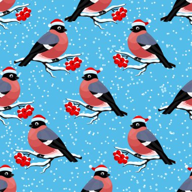 Mavi arka planda rowan dalları üzerinde ispinozlarla kusursuz desen..