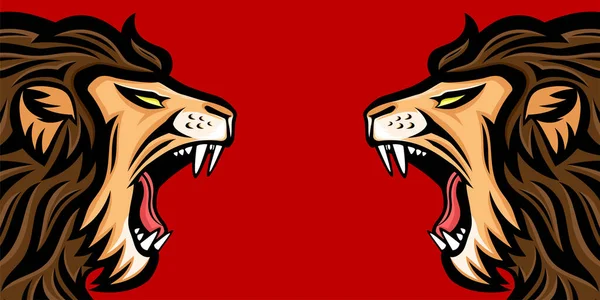 Deux Lions Rugissants Colère Sur Fond Rouge — Image vectorielle