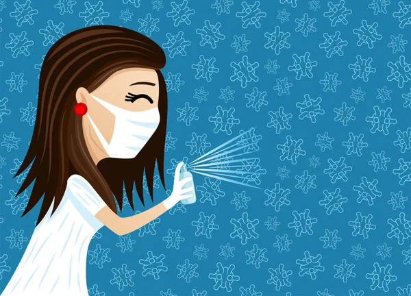 Koruyucu Maskeli Kadın Mavi Arka Plandaki Virüslerden Dezenfekte Oluyor — Stok Vektör