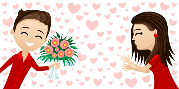 Romantyczna Ilustracja Mężczyzny Dającego Kobiecie Kwiaty Tle Serc Miłości — Wektor stockowy