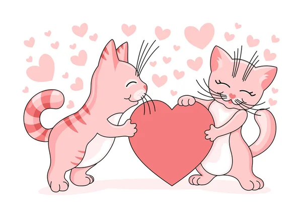 Romantic Illustration Pink Cats Love Hearts White Background — Stock Vector