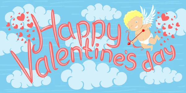 Illustrazione San Valentino Con Cupido Cuori Nel Cielo Blu Con — Vettoriale Stock