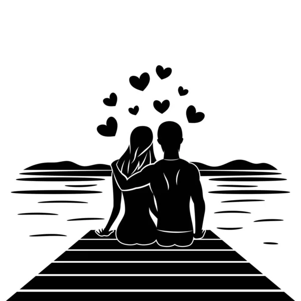 Ilustración Romántica Con Una Joven Pareja Sentada Puente Junto Agua — Archivo Imágenes Vectoriales