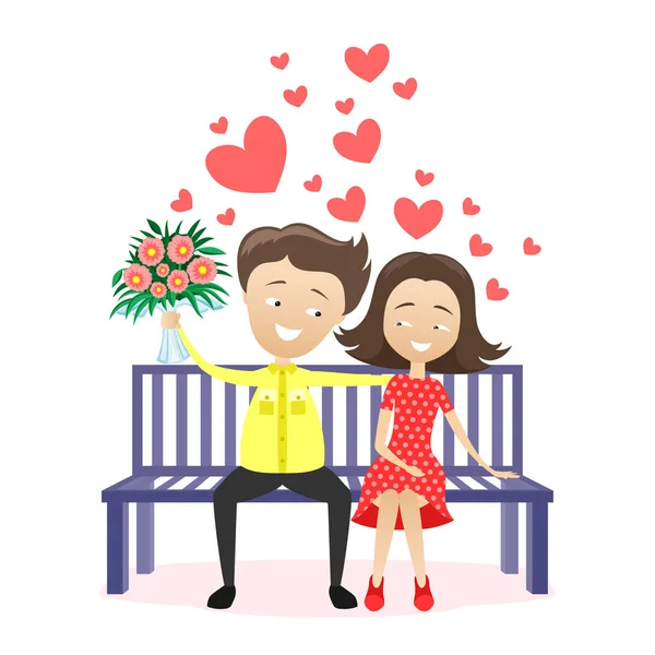 Ilustración Romántica Con Una Joven Pareja Sentada Banco Sobre Fondo — Vector de stock