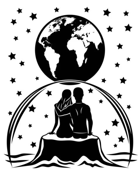 Футуристическая Иллюстрация Романтической Парой Сидящей Луне Любующейся Планетой Земля — стоковый вектор