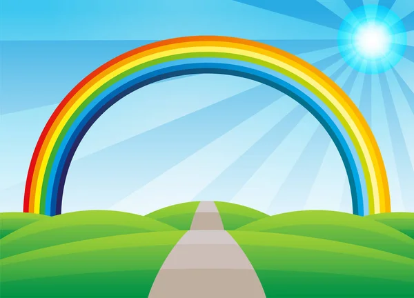 美丽的彩虹掠过蓝天的田野 — 图库矢量图片
