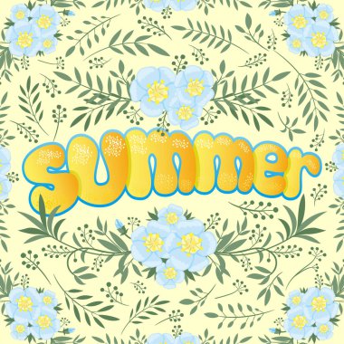 Sarı arka planda çiçekler ve bitkiler olan yaz illüstrasyonu.