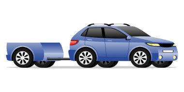 Beyaz arka planda römorklu mavi araba..