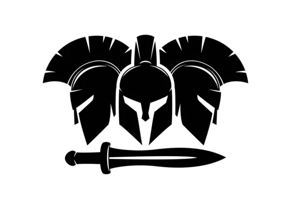 Três Espartano Capacete Espada Ícone Fundo Branco — Vetor de Stock