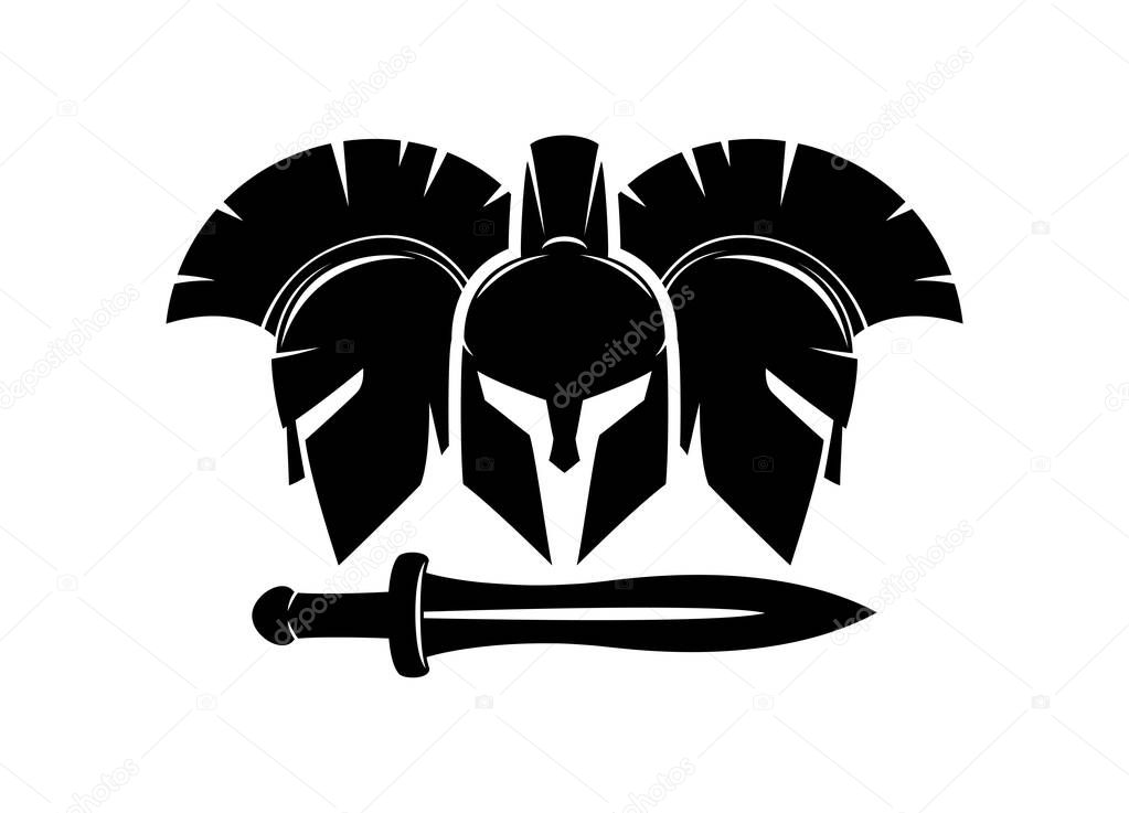 Three spartan helmet and sword icon on white background.