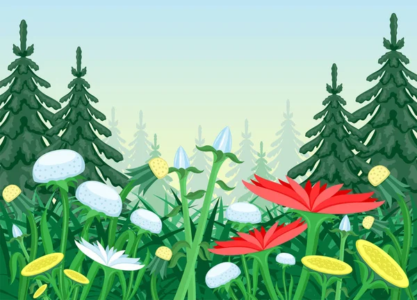 Ilustração Natureza Com Prado Flores Floresta Coníferas — Vetor de Stock