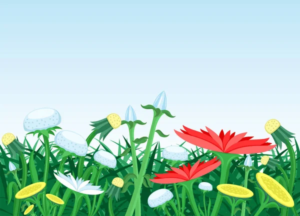 Illustratie Met Gras Bloemen Een Blauwe Lucht Achtergrond — Stockvector