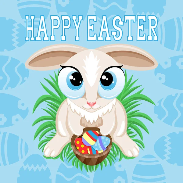 Ilustrace Veselé Velikonoce Velikonočním Zajíčkem Modrém Pozadí — Stockový vektor