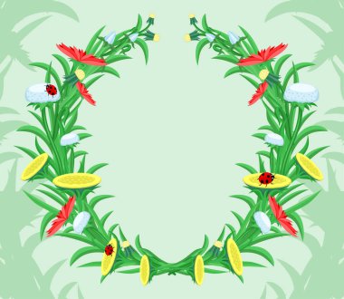 Yeşil arka planda çiçek ve bitki çelengi.