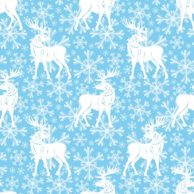 Mavi arka planda geyik ve kar taneleri deseni.
