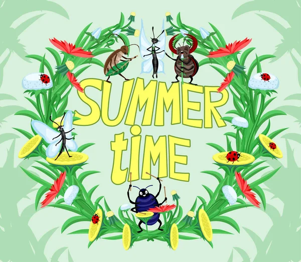 緑の背景に花の花輪とカブトムシと夏の時間のイラスト — ストックベクタ