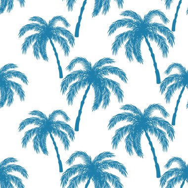 Beyaz arkaplanda mavi palmiye ağaçları olan pürüzsüz desen.