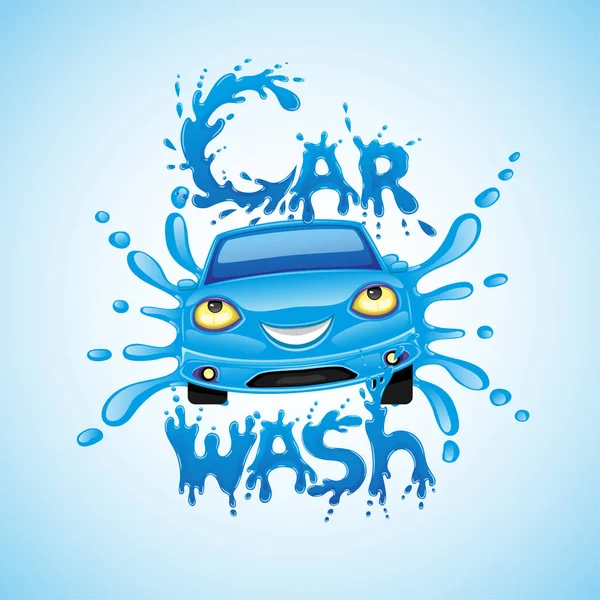 Biltvätt Skylt Med Blå Bil Och Vatten Stänk Blå Bakgrund — Stock vektor