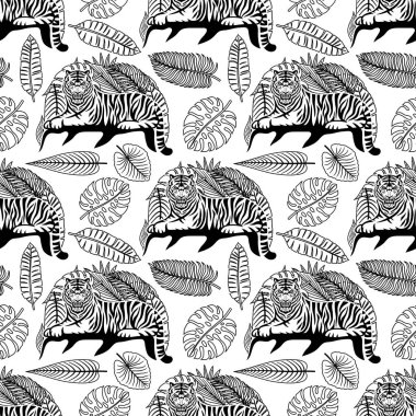 Beyaz arka planda kaplan ve tropikal yapraklı kusursuz desen.