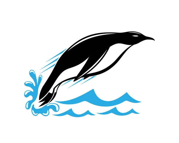 Illustration Mit Ikone Des Aus Dem Wasser Springenden Pinguins Auf — Stockvektor