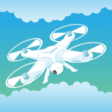 Gökyüzünde bulutlarla uçan bir dron resmi. 