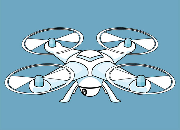 иллюстрация белого дрона с камерой на синем фоне.