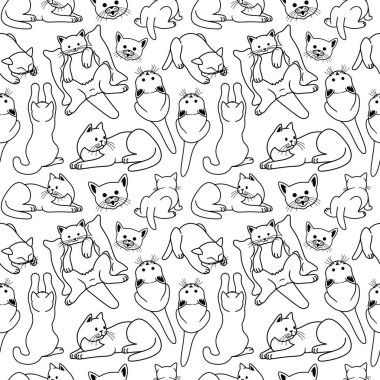 Beyaz arka planda sevimli kedileri olan kusursuz desen.