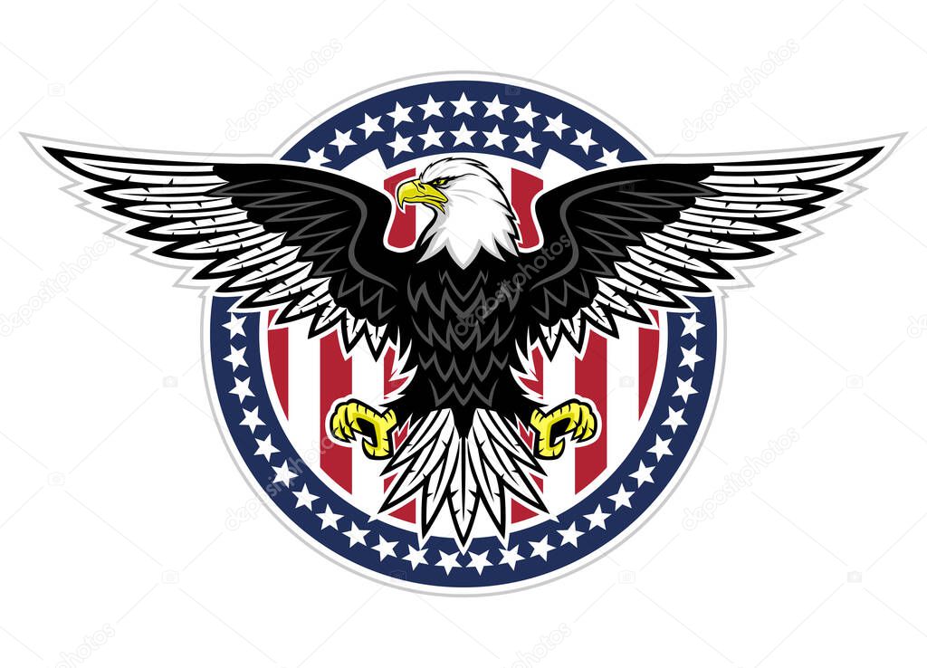 Round icon with bald eagle and stars on white background.