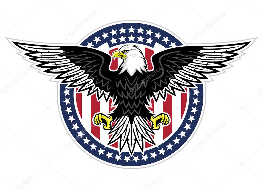 Round icon with bald eagle and stars on white background.