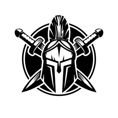 Beyaz arkaplanda kılıçlı Sparta miğferi simgesi.