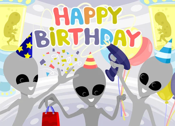 Ilustración Vacaciones Para Feliz Cumpleaños Con Extraterrestres Divertidos — Archivo Imágenes Vectoriales