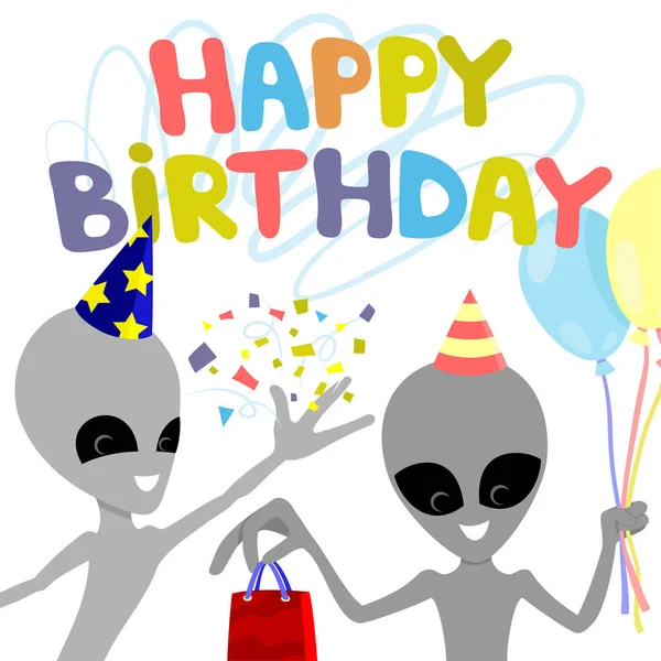Feliz Cumpleaños Deseo Divertido Extraterrestres Sobre Fondo Blanco — Archivo Imágenes Vectoriales