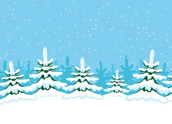 Winter Illustration Mit Schneebedeckten Bäumen Auf Blauem Hintergrund — Stockvektor