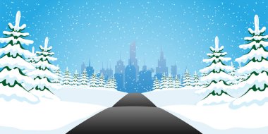 Şehre giden yolu ve etrafını karla kaplayan ağaçları gösteren kış çizimleri.