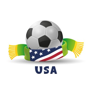 Beyaz arka planda eşarplı futbol topu ve ABD bayrağı.