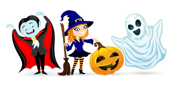 Vampiro Strega Zucca Fantasma Personaggi Sfondo Bianco Celebrazione Halloween — Vettoriale Stock