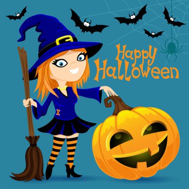 Cadılar Bayramı için mavi arka planda cadı ve balkabağı resmi.