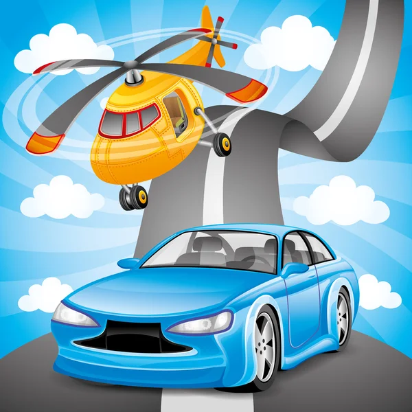 Blaues Auto und orangefarbener Hubschrauber. — Stockvektor