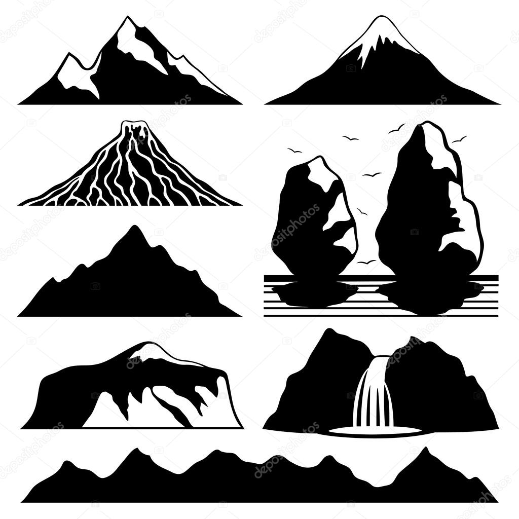 Vector set of mountain icons isolated on white background.