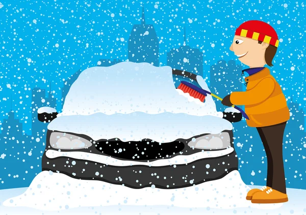 Homem limpa um carro da neve . — Vetor de Stock