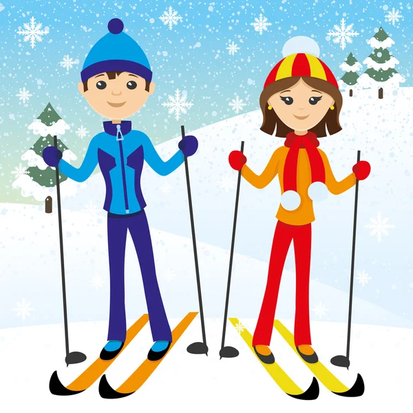 Joyeux couple ski . — Image vectorielle
