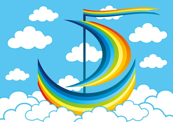 Rainbow sailboat floats in the clouds — Stock Vector