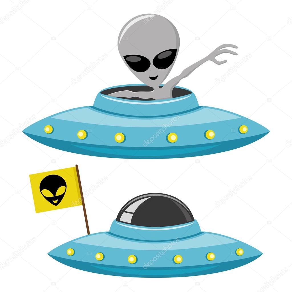 Cheerful alien and ufo