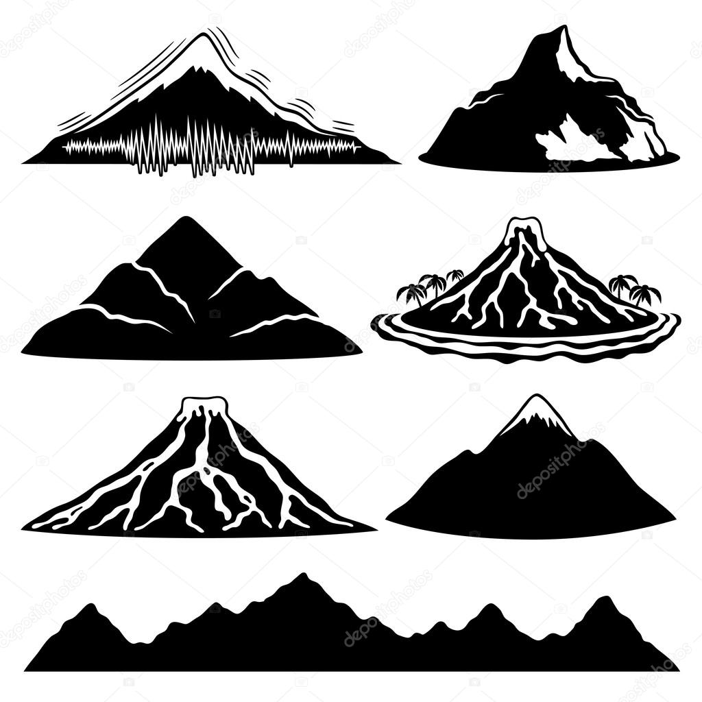 Set of mountains, volcanoes and tropical island on white background