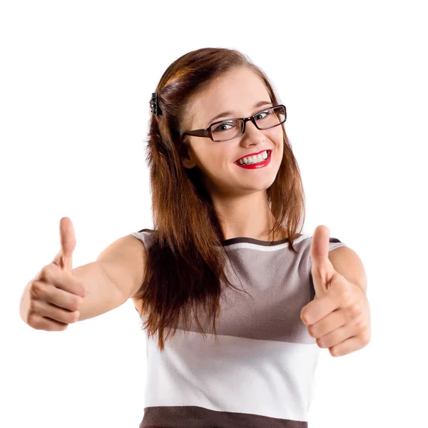 Chica en gafas muestra los pulgares hacia arriba —  Fotos de Stock