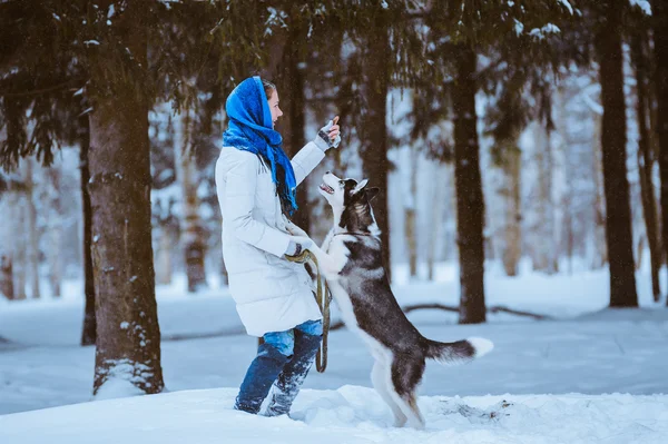 Frau spielt mit Husky — Stockfoto