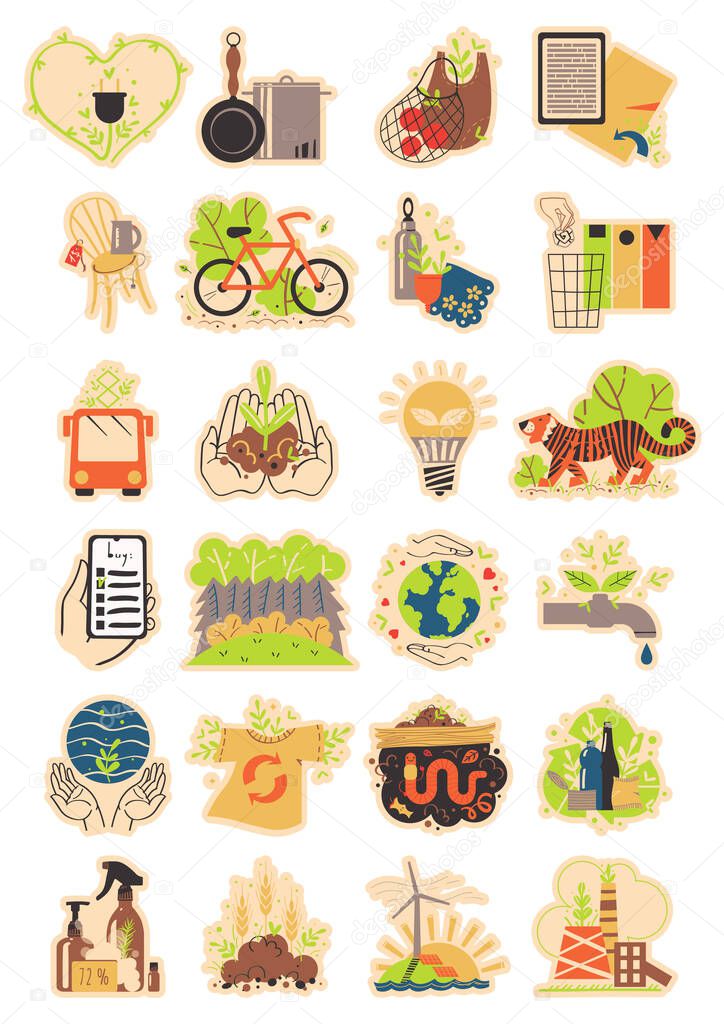 Set of stickers. Caring for the environment. Vector. Illustration. Flat style.