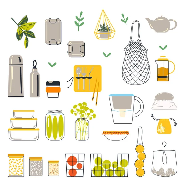 Juego Utensilios Cocina Cosas Para Estilo Vida Libre Residuos Vector — Archivo Imágenes Vectoriales