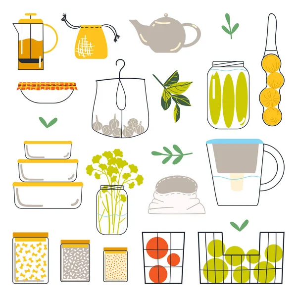 Conjunto Recipientes Almacenamiento Alimentos Reutilizables Para Estilo Vida Cero Residuos — Archivo Imágenes Vectoriales